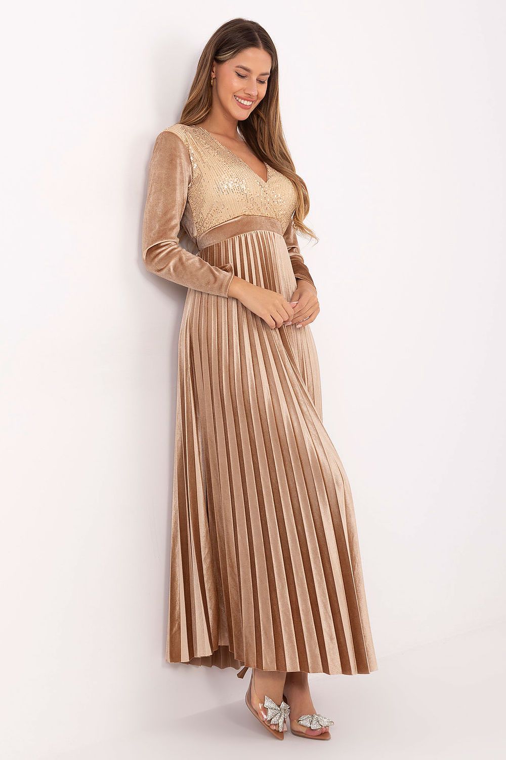 brown pleated wrap long dress view 8