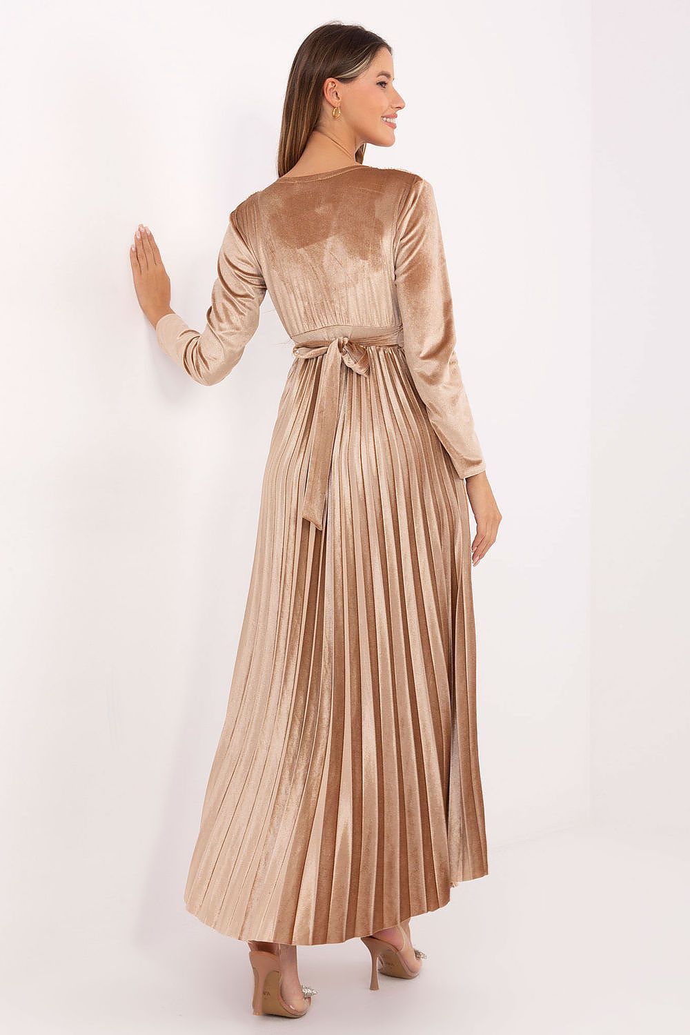 brown pleated wrap long dress view 9