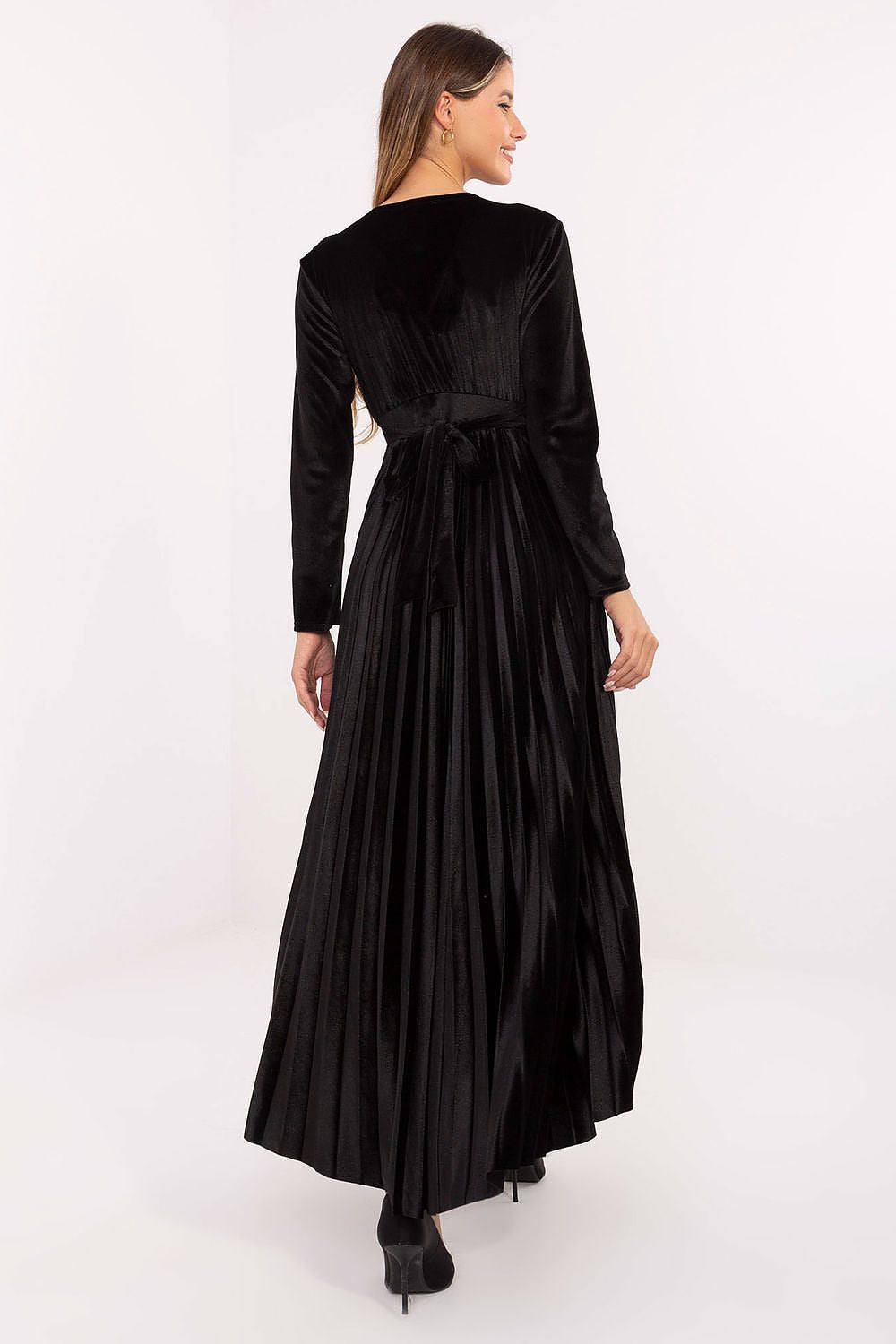 brown pleated wrap long dress view 12