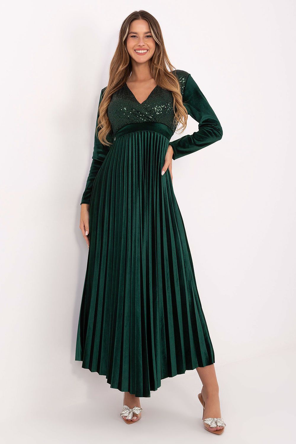 brown pleated wrap long dress view 13