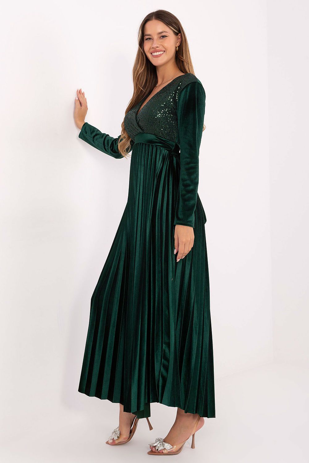 brown pleated wrap long dress view 14