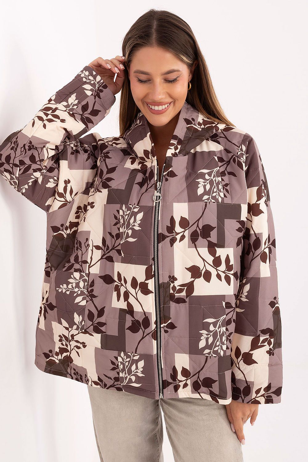 beige long sleeve jacket front view