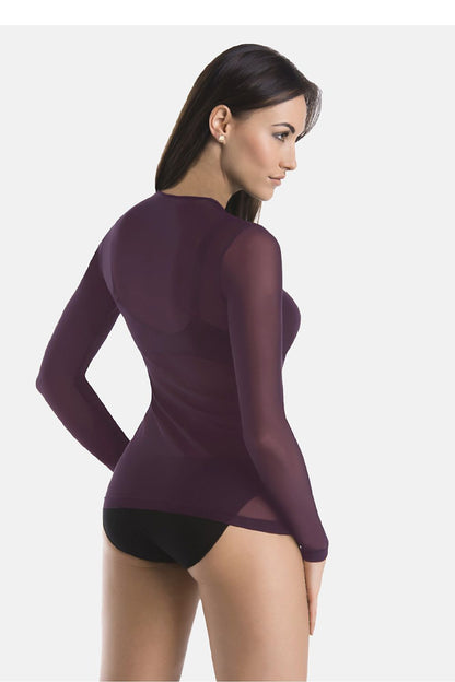 Women's semi-sheer purple long sleeve fitted blouse by Teyli