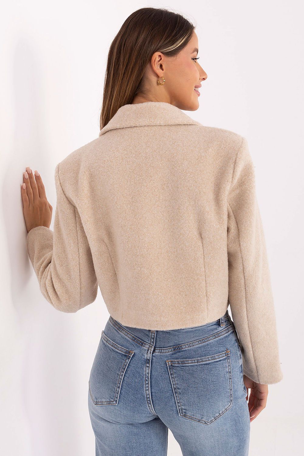 beige long sleeve mini coat detail view