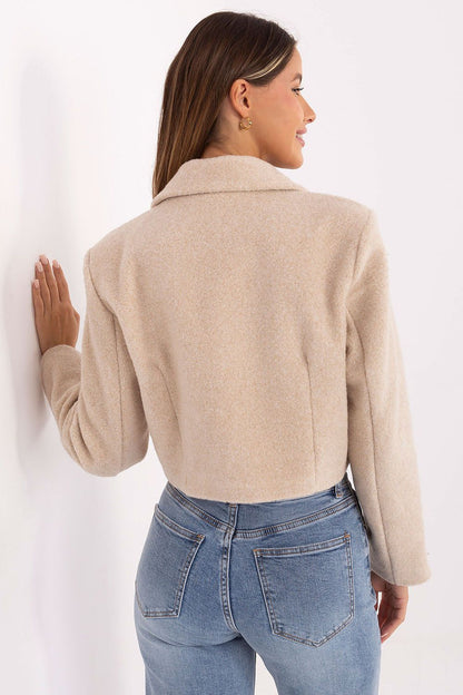 beige long sleeve mini coat detail view