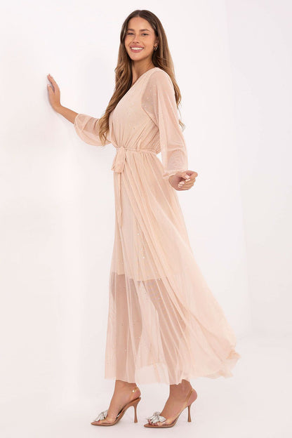beige wrap flared long dress alternate angle
