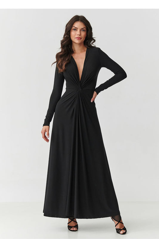 black flared long sleeve long dress front view