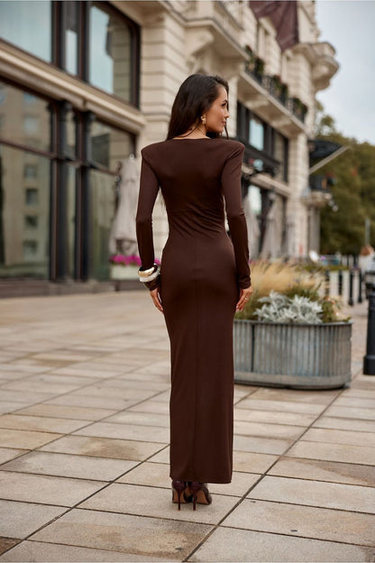 brown long sleeve v-neck evening dress view 7