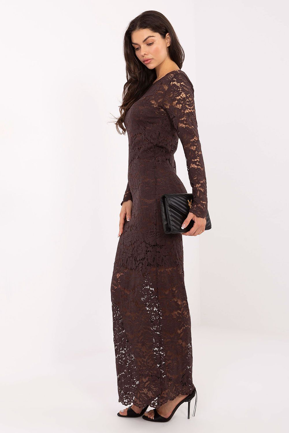 black lace long sleeve long dress side view