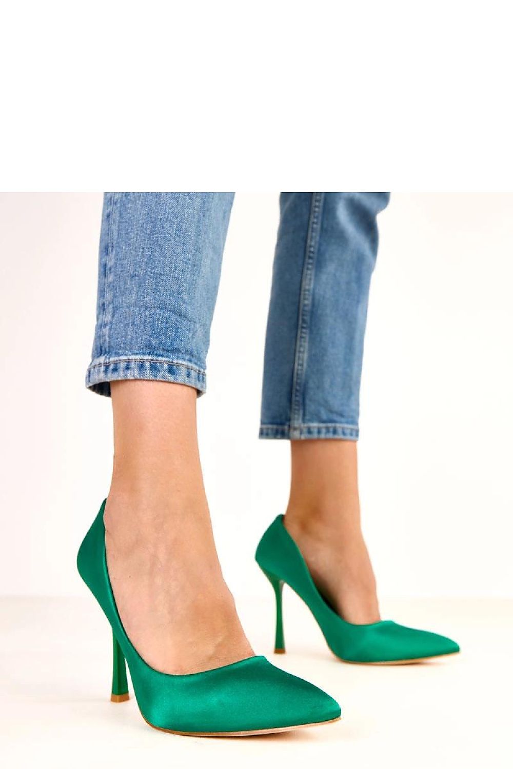 green satin mini high heels front view