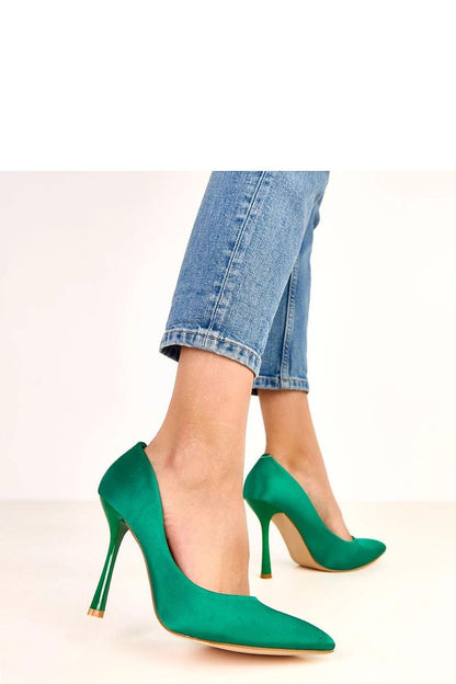 green satin mini high heels detail view