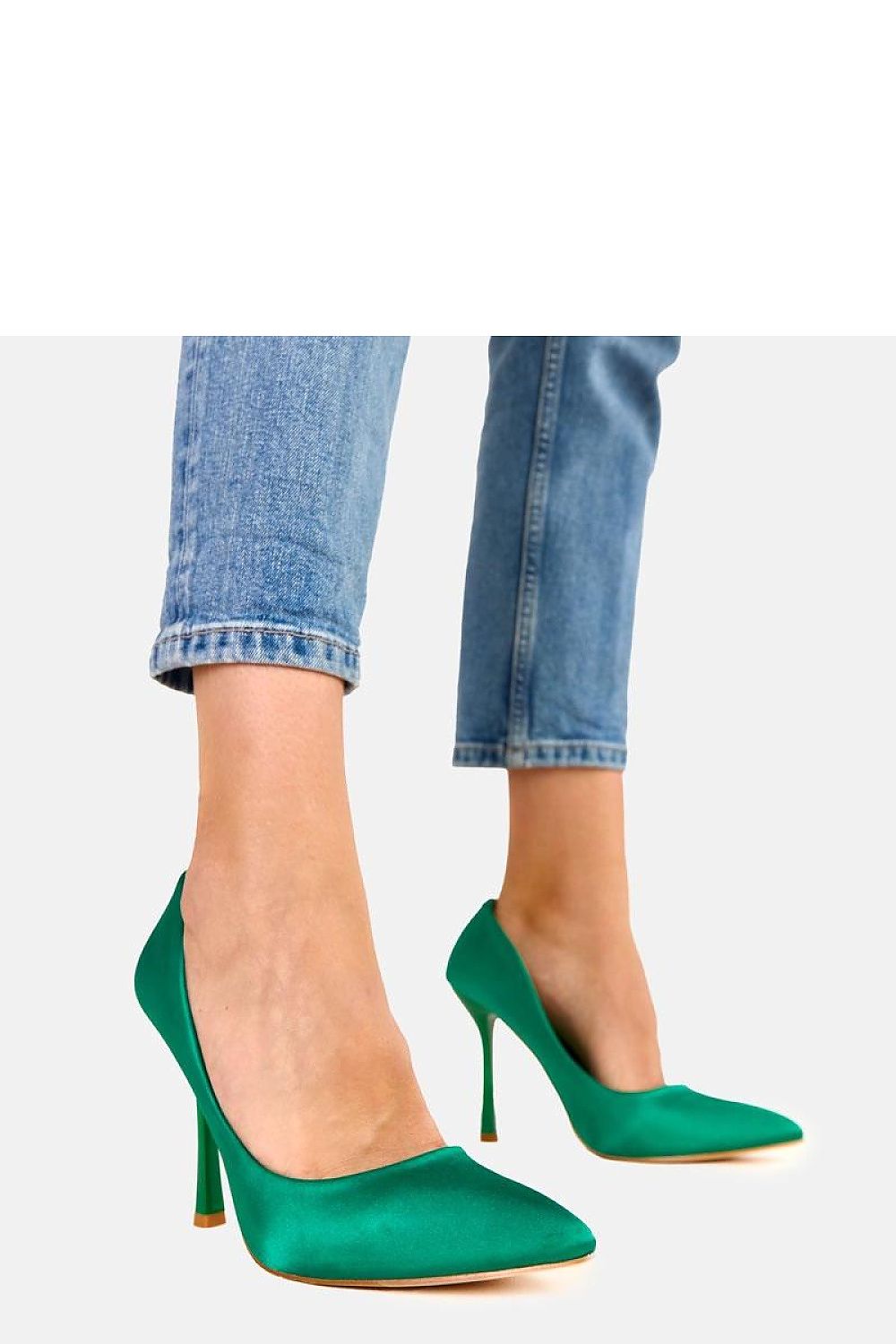 green satin mini high heels back view