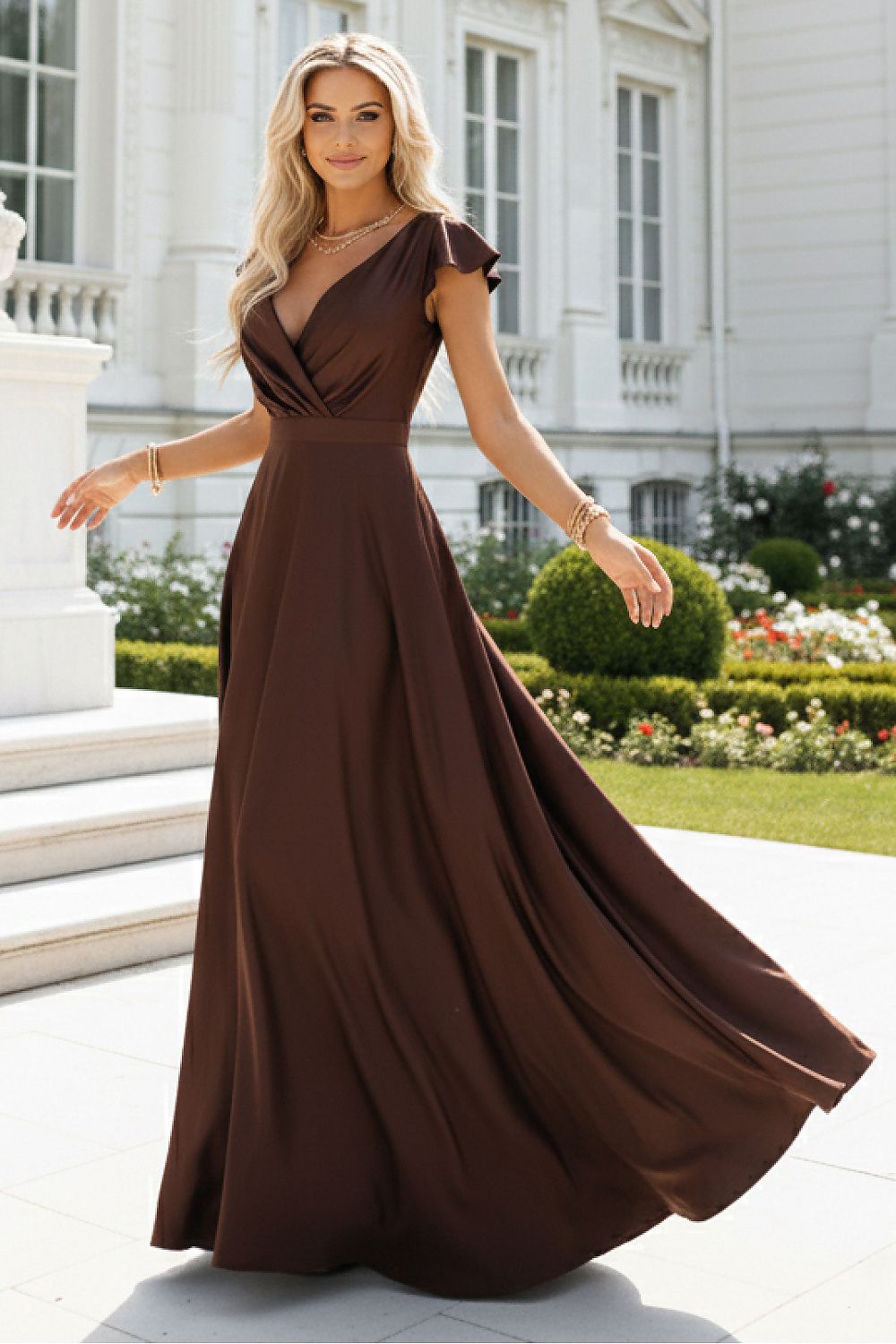 brown wrap satin long dress alternate angle