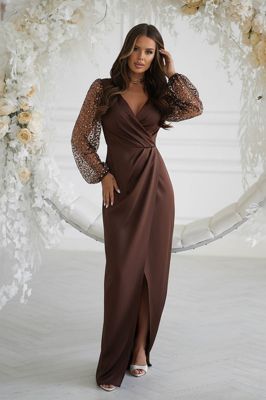 brown sequin long dress front view