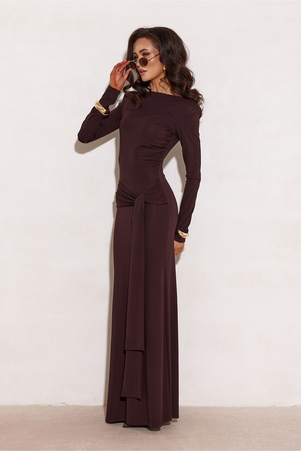 brown long sleeve mini long dress view 11