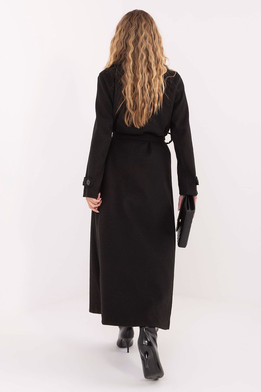 black belted coat detail view