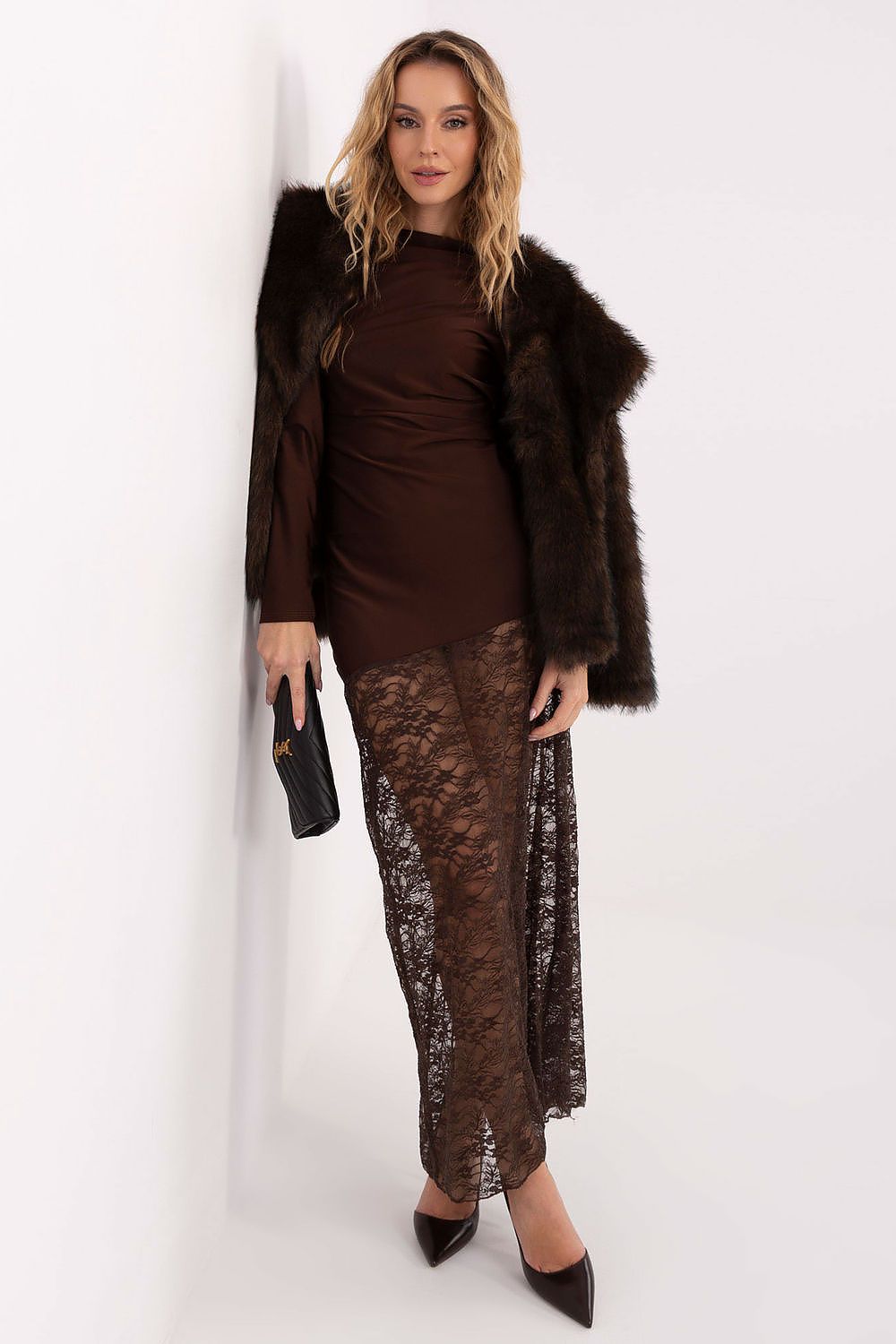 brown lace pencil long dress alternate angle