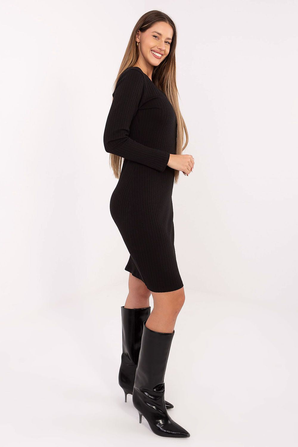 black ribbed pencil elegant black ribbed pencil dress – versatile daywear for work & casuals alternate angle