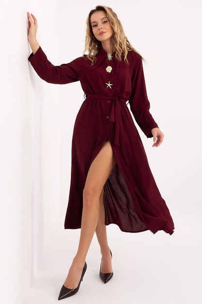 red flared long sleeve day dress front view