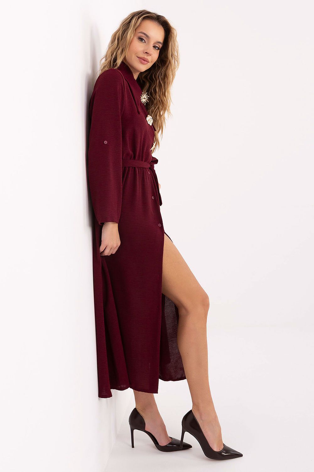 red flared long sleeve day dress alternate angle