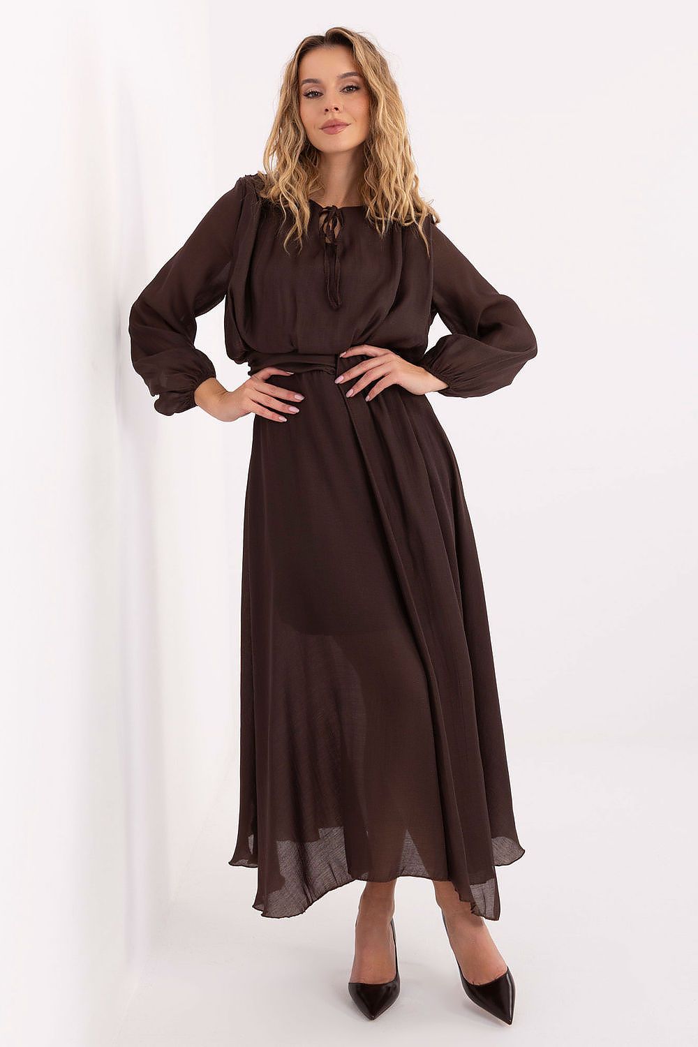 brown flared mini day dress front view