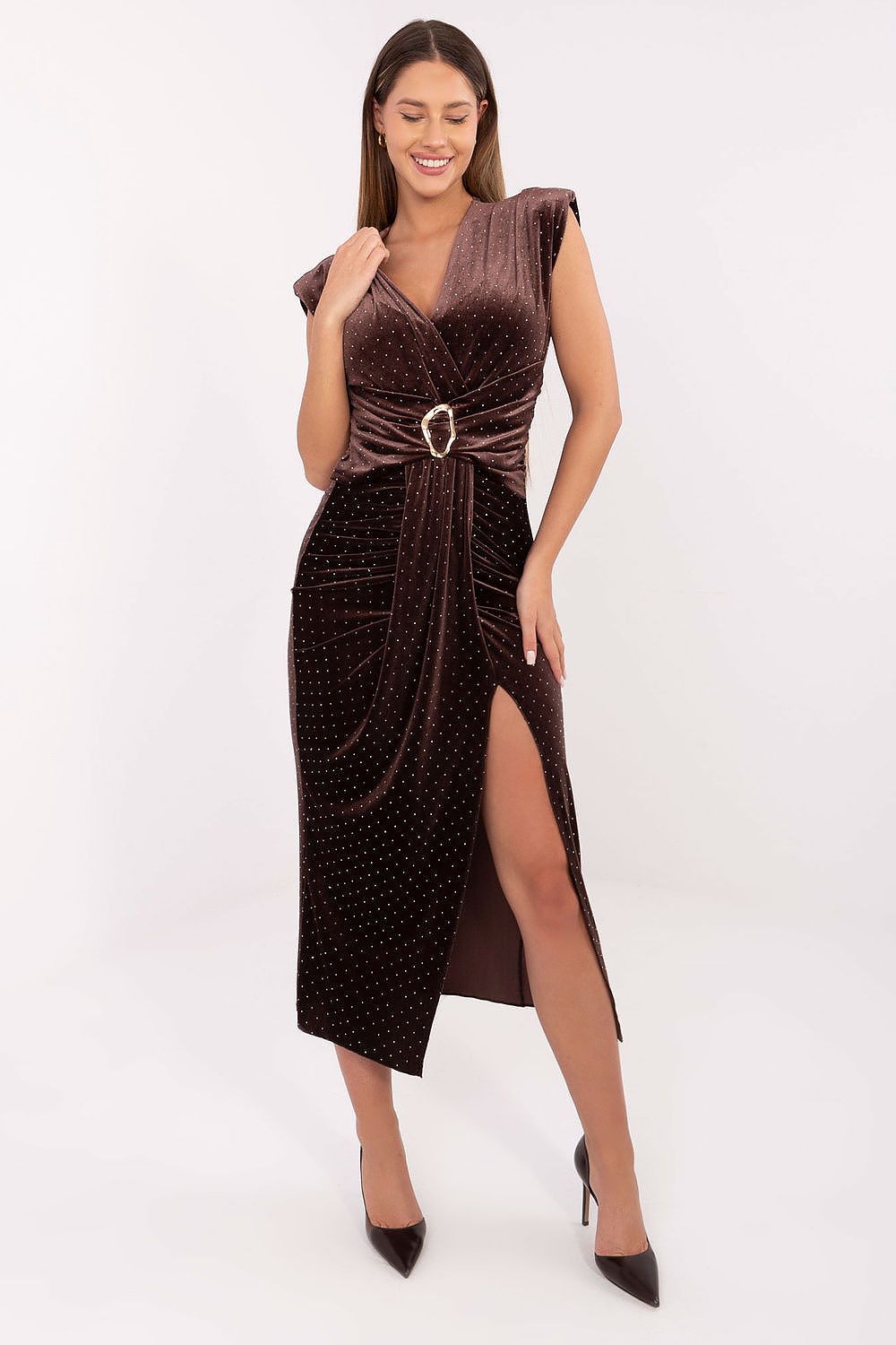brown pencil midi evening dress front view