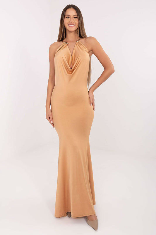 brown sleeveless mini long dress front view