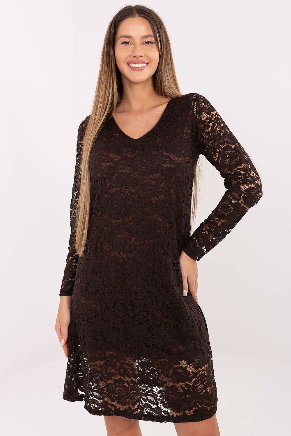 brown lace long sleeve evening dress front view