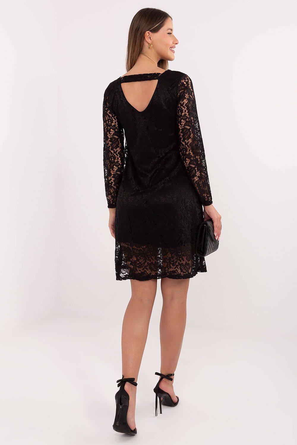 brown lace long sleeve evening dress side view