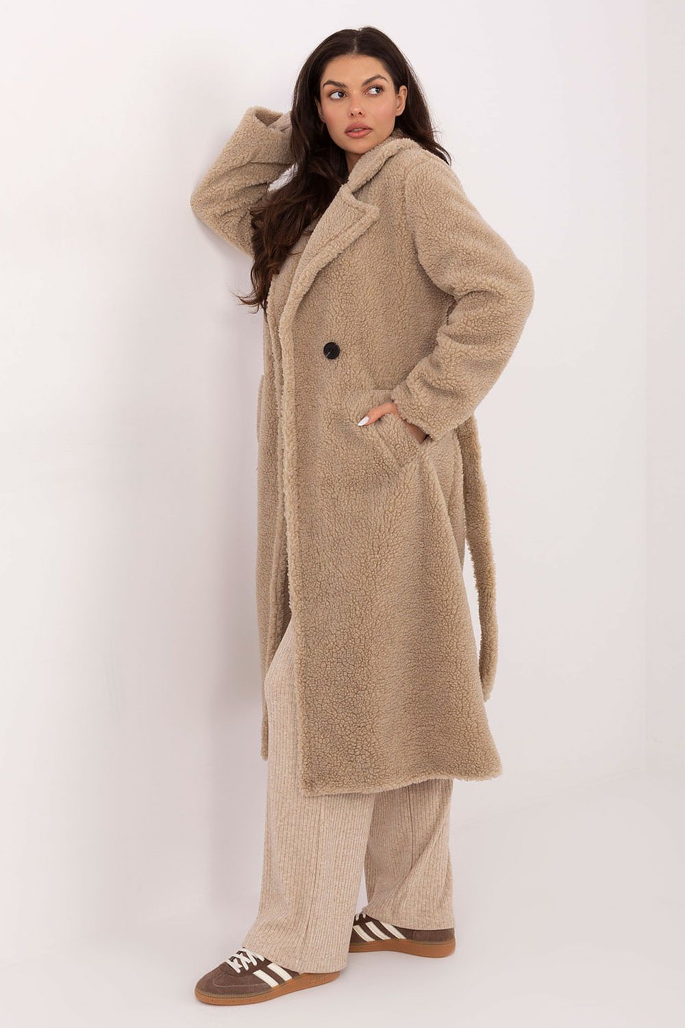 beige long sleeve coat alternate angle
