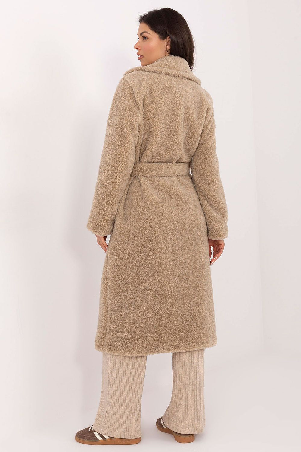 beige long sleeve coat detail view
