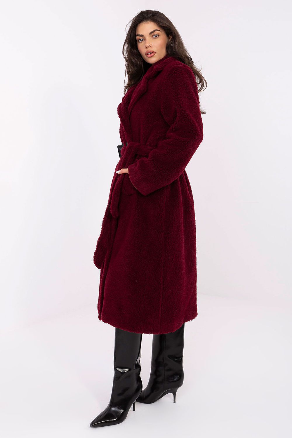 beige long sleeve coat side view