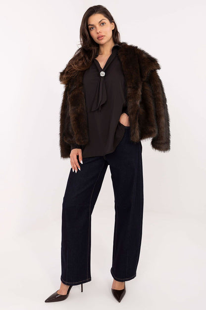 brown long sleeve v-neck blouse front view