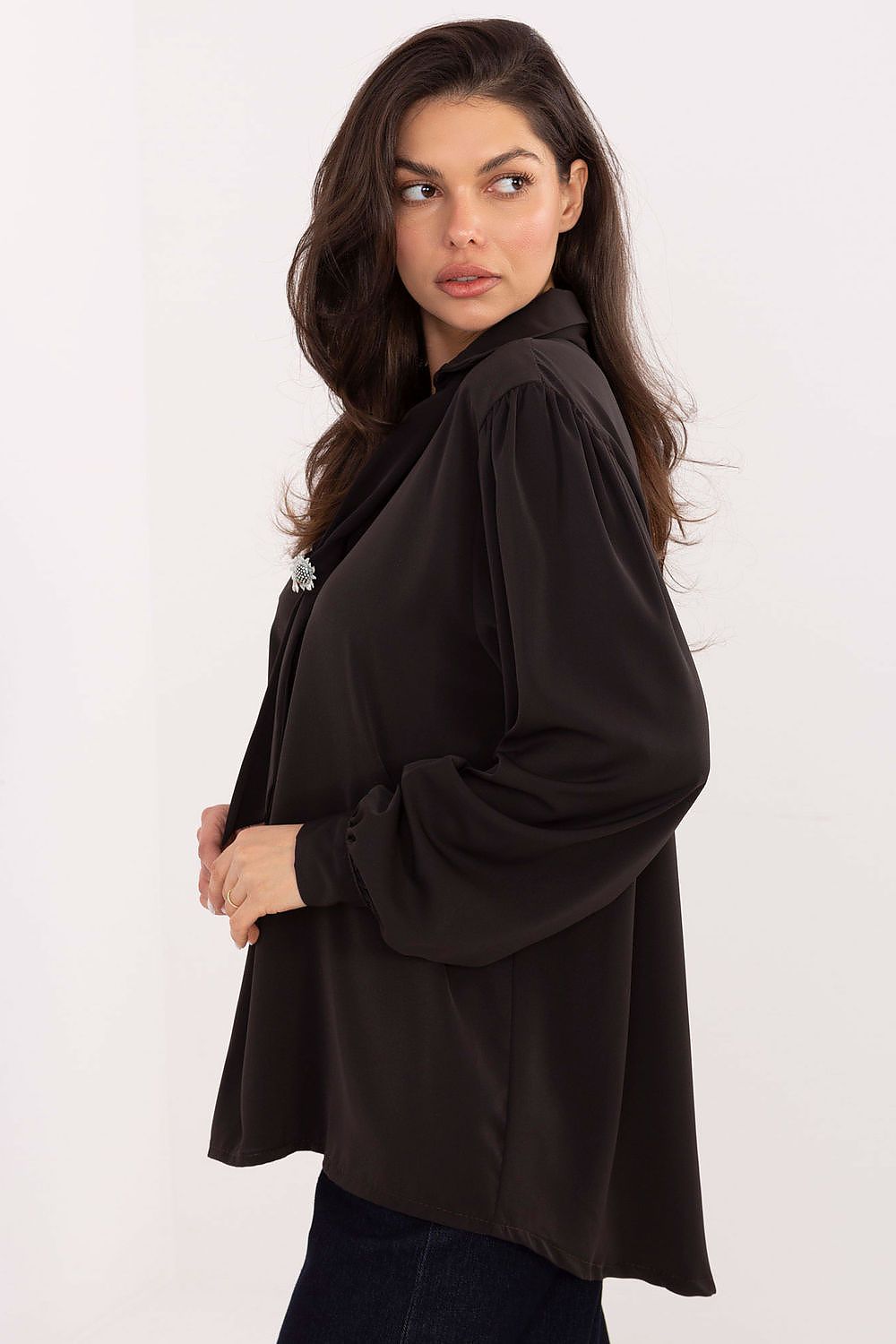 brown long sleeve v-neck blouse alternate angle