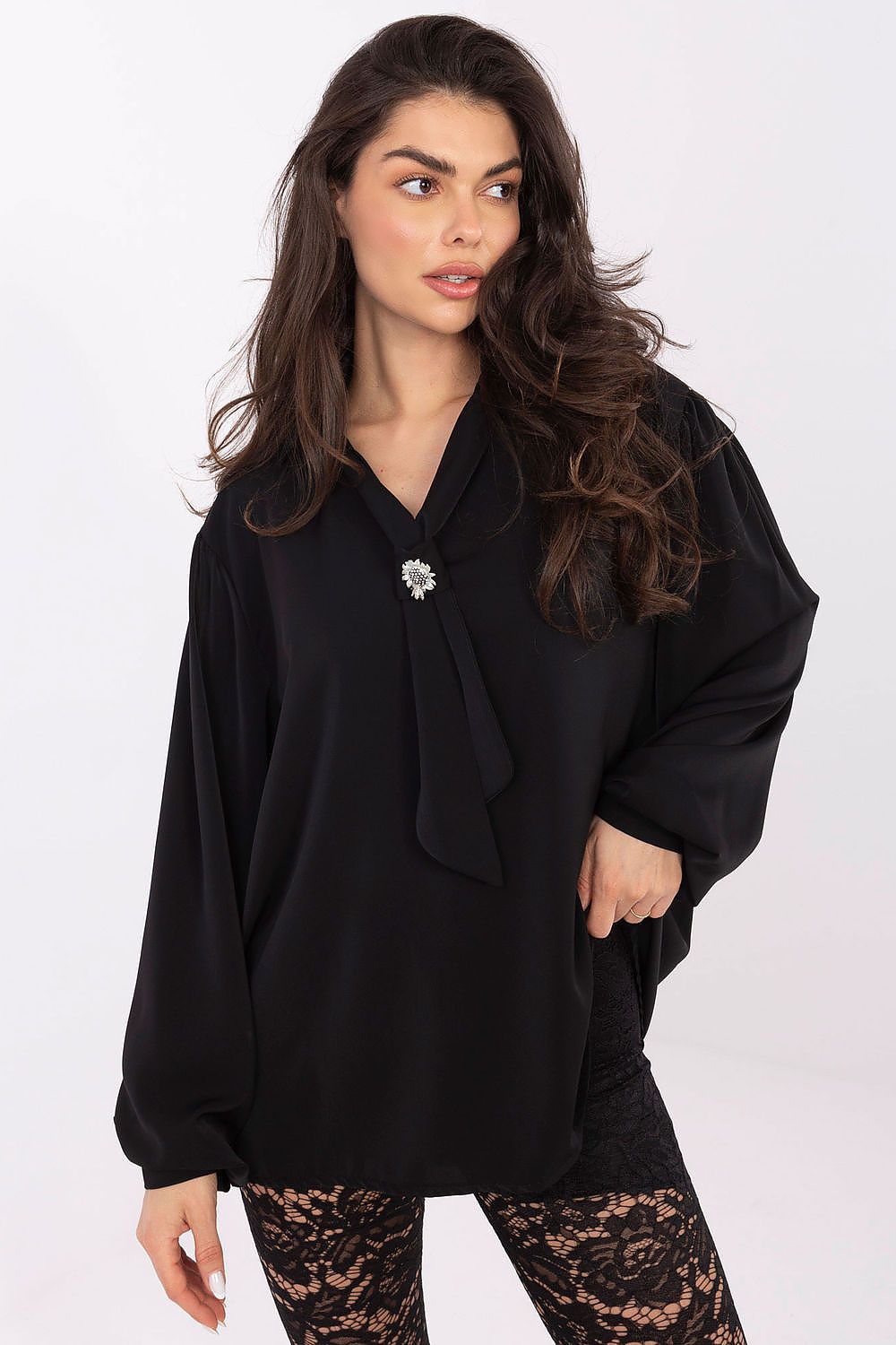 brown long sleeve v-neck blouse side view