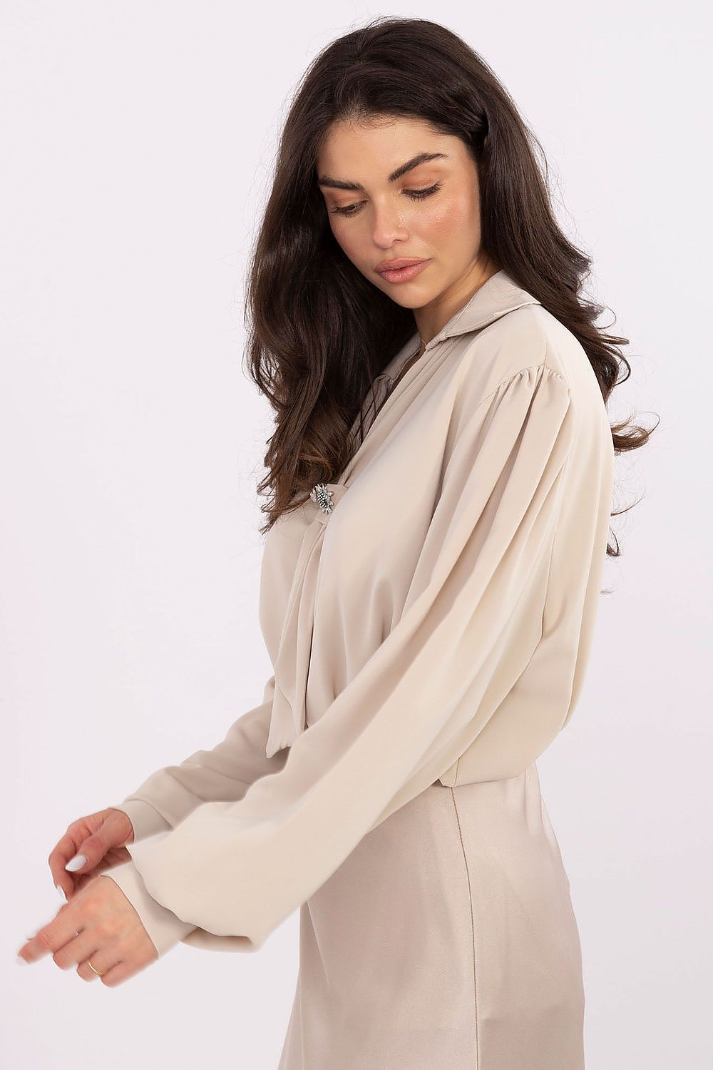 brown long sleeve v-neck blouse view 10