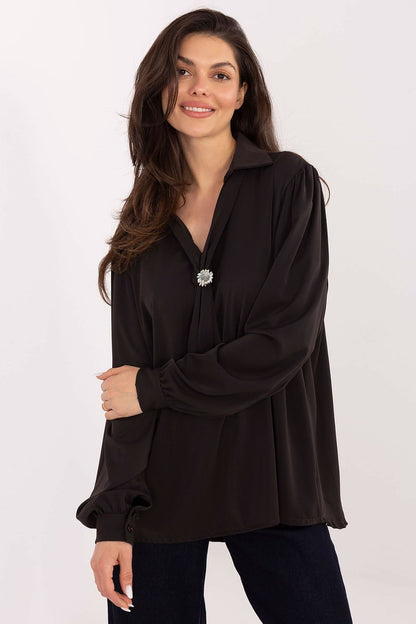 brown long sleeve v-neck blouse back view