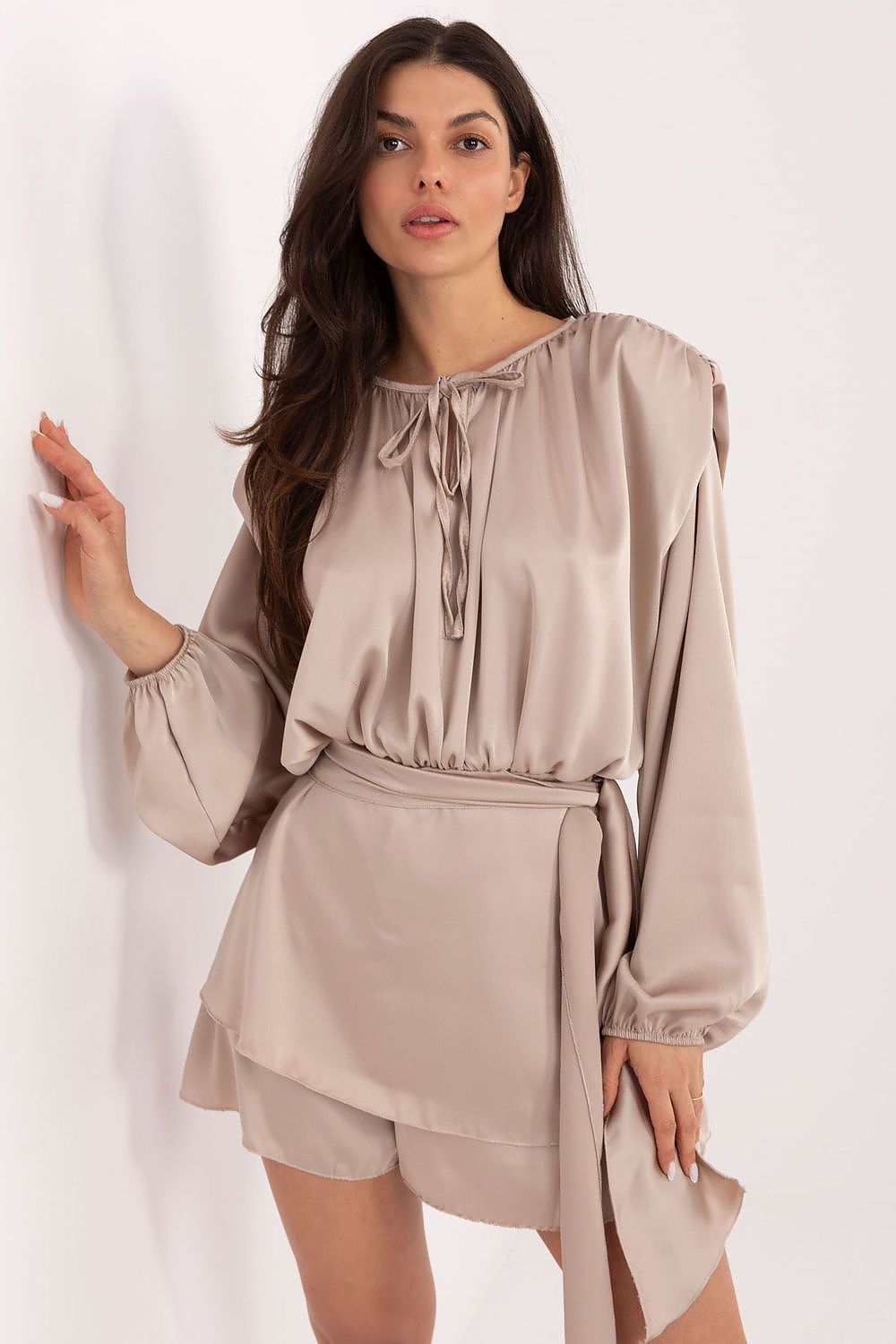 beige flared ruffle elegant beige flared ruffle suit - feminine jumpsuit with romantic flare & stylish details front