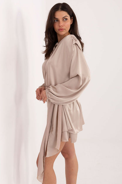 beige flared ruffle elegant beige flared ruffle suit - feminine jumpsuit with romantic flare & stylish details detail