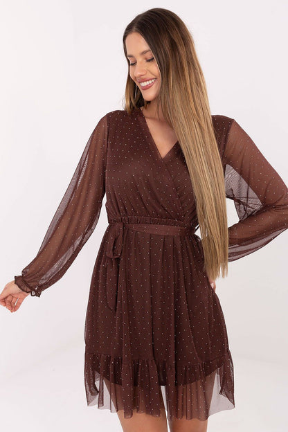 brown wrap flared elegant brown flared wrap short dress with sparkling jet embellishments front view