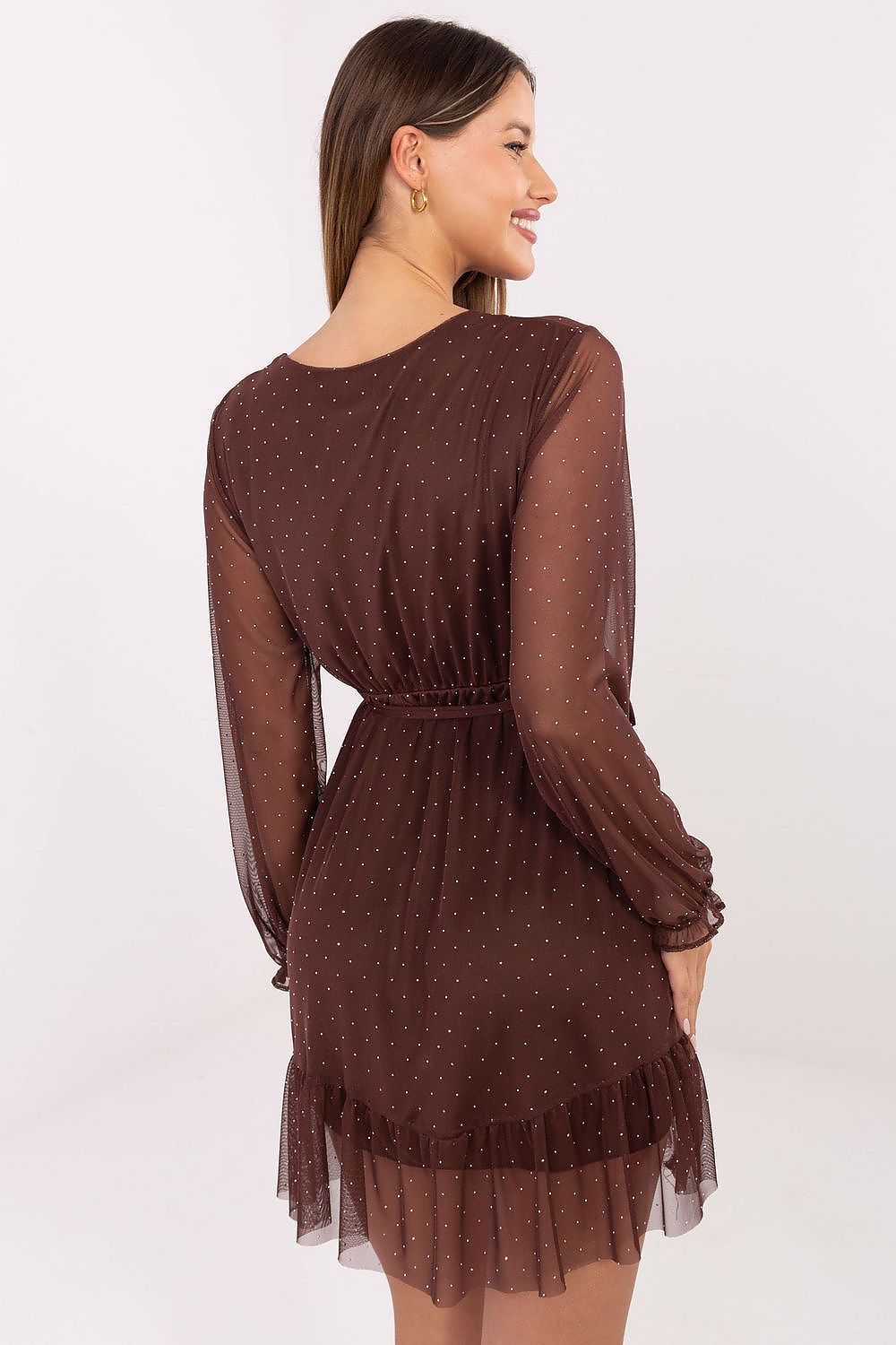brown wrap flared elegant brown flared wrap short dress with sparkling jet embellishments detail view