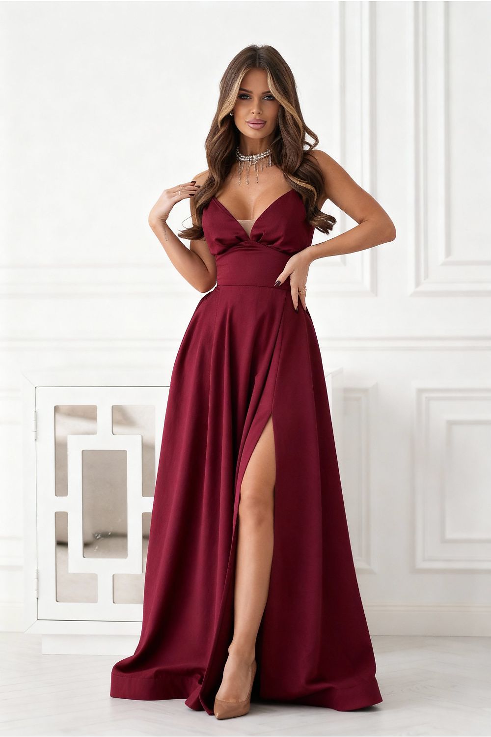 Red satin dress with pockets & corset back
