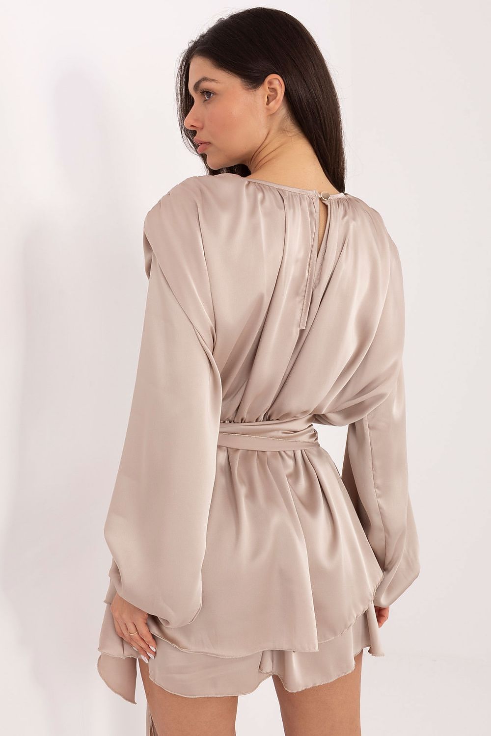 beige flared ruffle elegant beige flared ruffle suit - feminine jumpsuit with romantic flare & stylish details back view