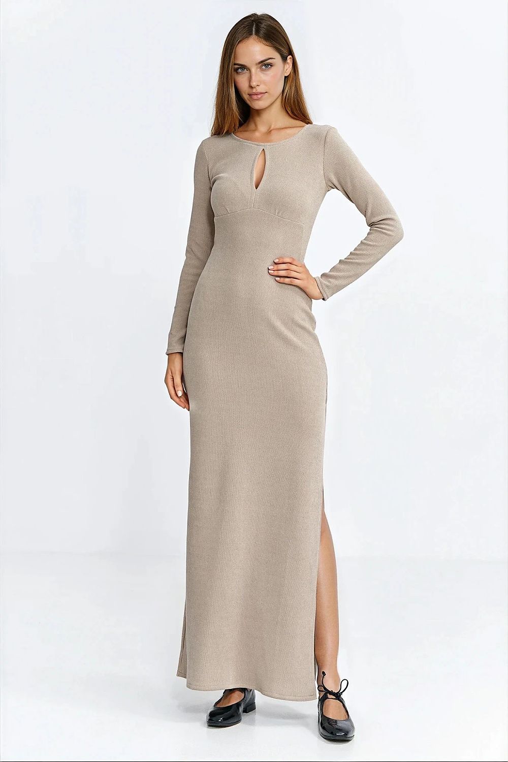 beige ribbed long sleeve day dress front view