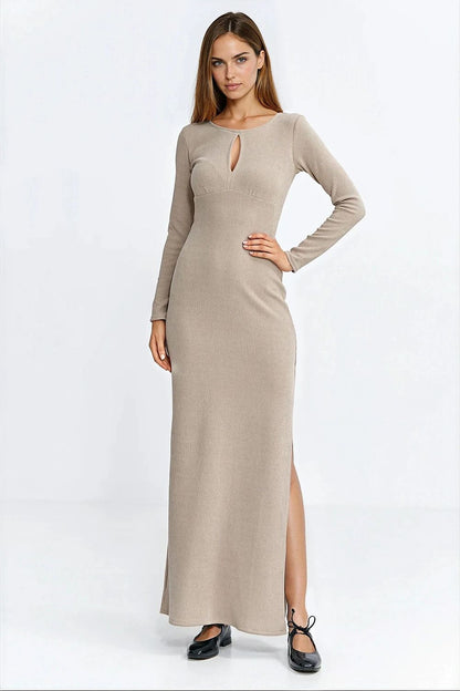 beige ribbed long sleeve day dress front view