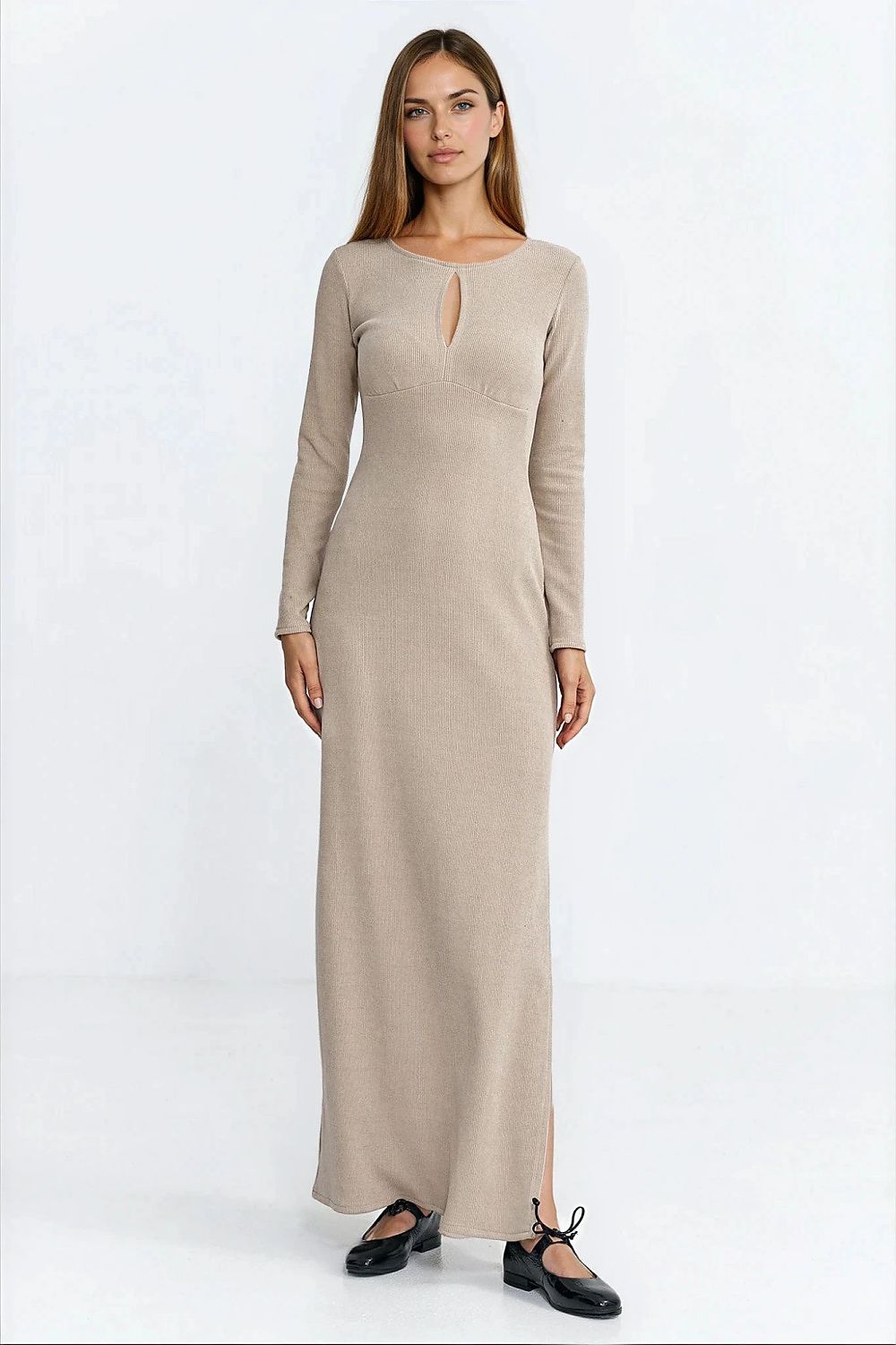 beige ribbed long sleeve day dress alternate angle