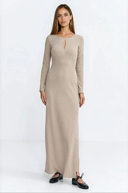 beige ribbed long sleeve day dress alternate angle
