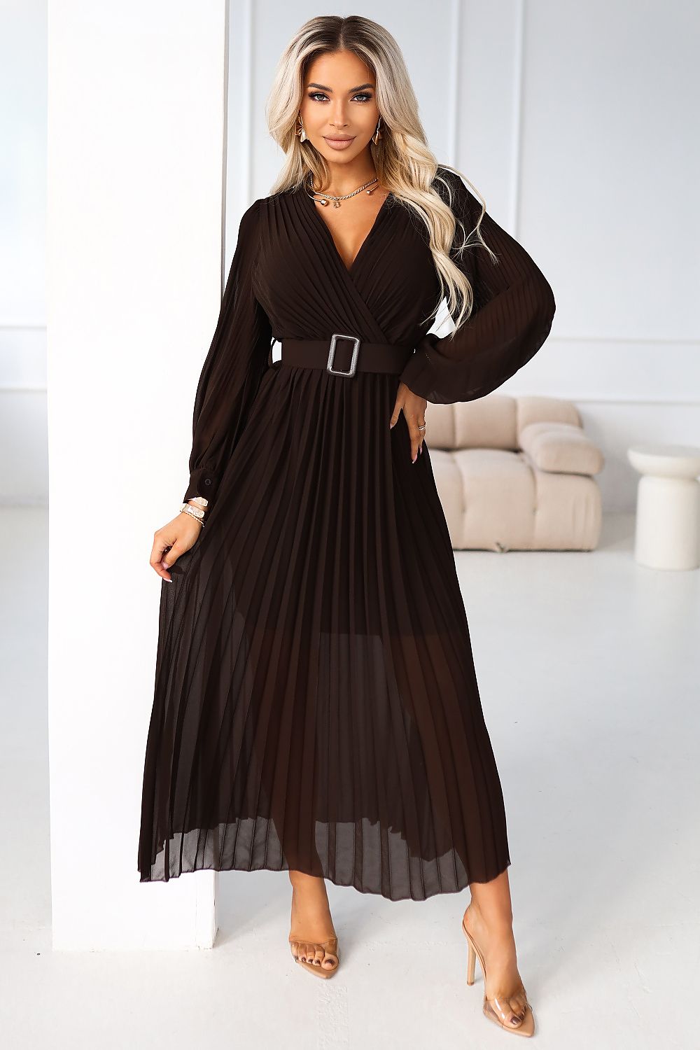 brown pleated wrap cocktail dress front view