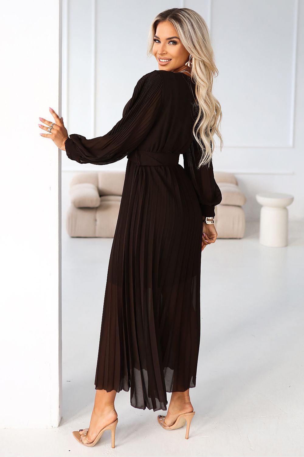 brown pleated wrap cocktail dress alternate angle