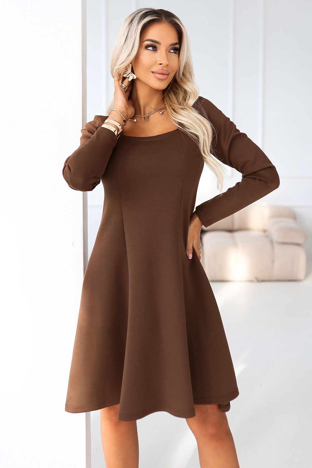 brown flared long sleeve day dress front view